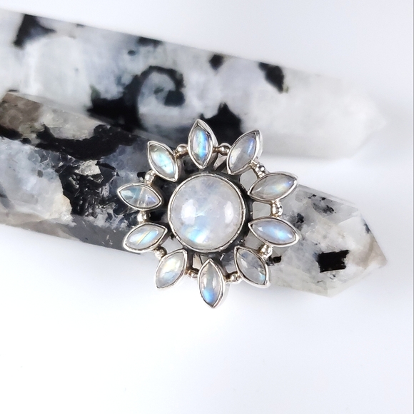 925 Sterling Silver Flower Starburst Rainbow Moonstone Ring New Size 7.75 - Picture 16 of 16